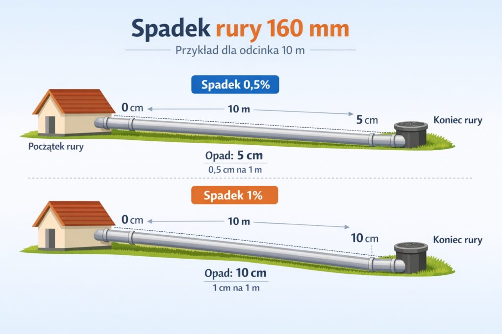 Minimalny spadek dla rury 160 - infografika