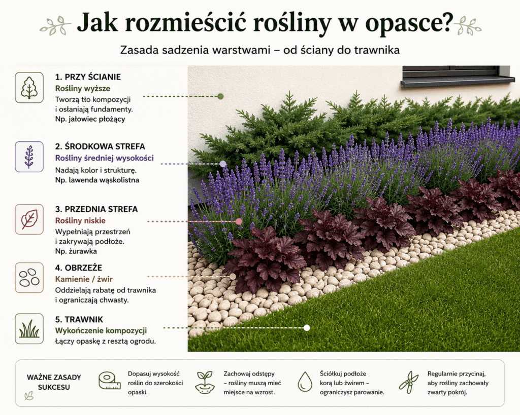 jak rozmieścić rośliny w opasce wokół domu - infografika