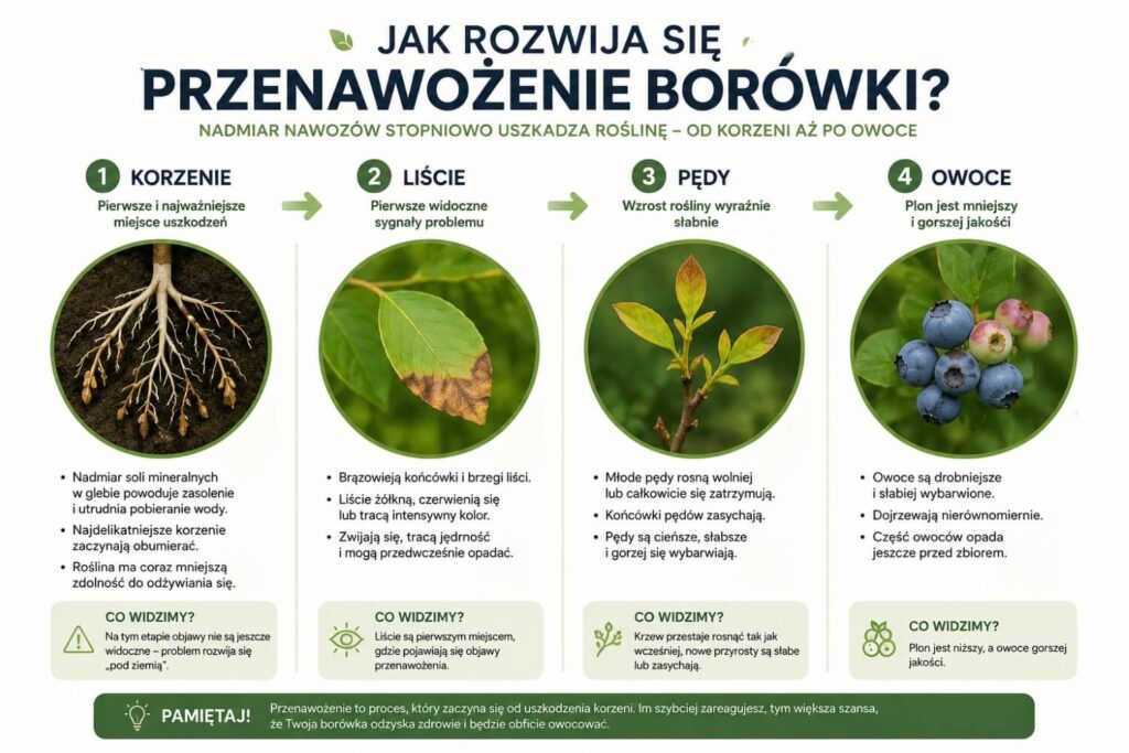 przenawożenie borówki amerykańskiej objawy - infografika