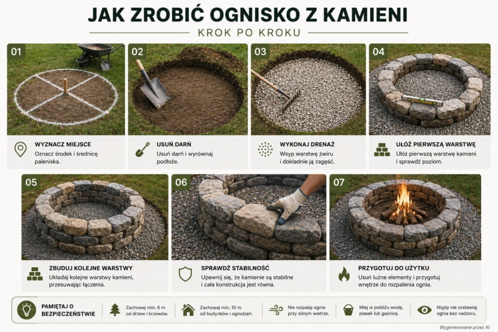 ognisko w ogrodzie z kamieni - instrukcja budowy