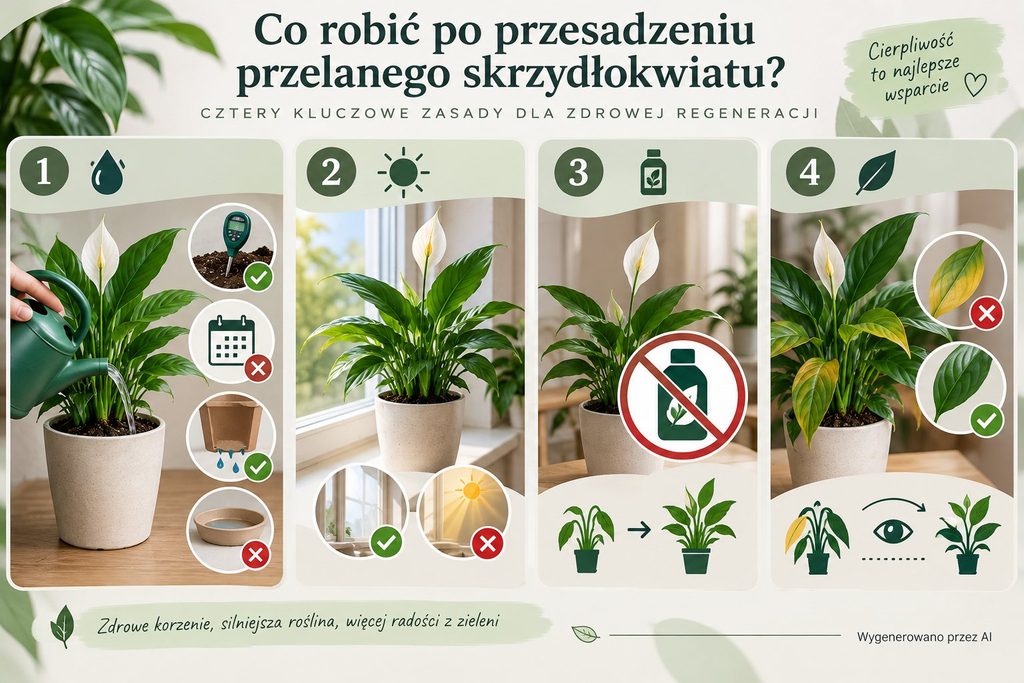 co robić po przesadzeniu szkrzydłokwiatu - infografika