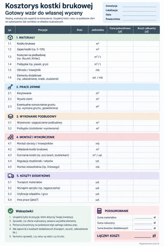 kosztorys ułożenia kostki brukowej - wzór do wydrukowania