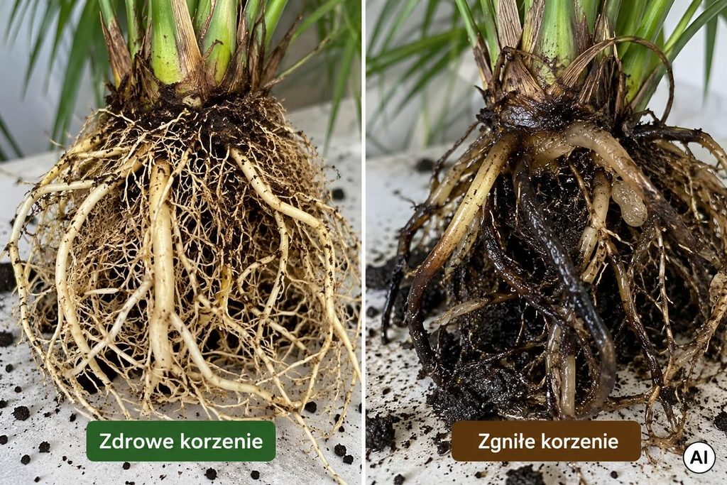 zdrowe vs zgniłe korzenie palmy